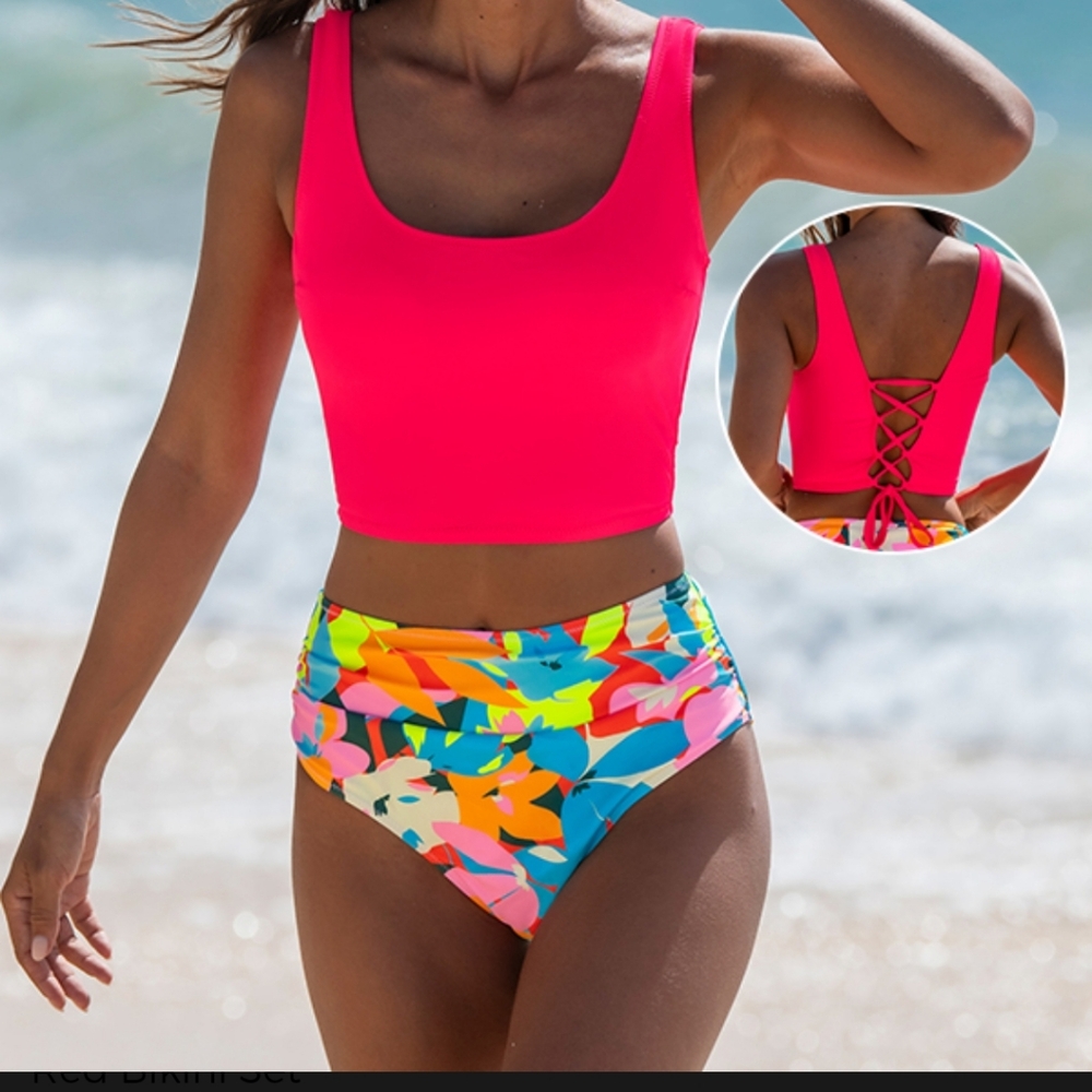 Popvil Vibrant Pink and Multicolor Women's Swim Set